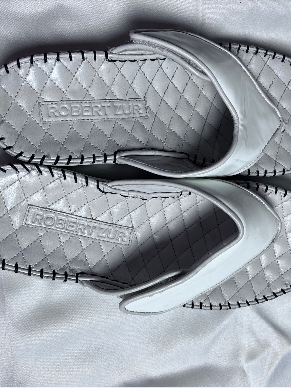 Robert Zur White Quilted Patent Thong Sandals with Black Whipstitch